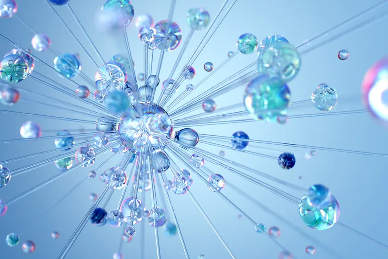 An abstract illustration of translucent spheres linked by filaments, in shades of blue.