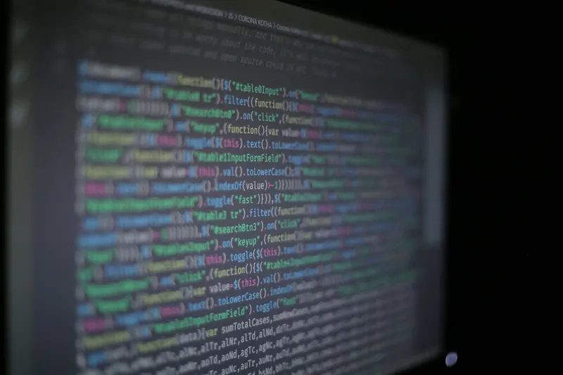 Lines of program code on a dark screen, slightly out of focus.