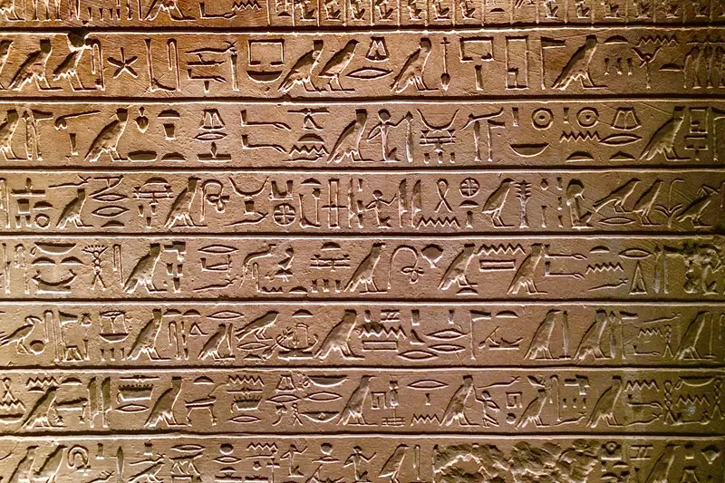 A stone surface with rows of hieroglyphs carved in relief.
